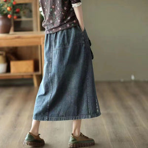 Chân váy denim lưng thun dây rút thêu hoa lá retro mài rách - V008