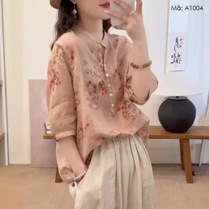 Áo sơ mi linen ngắn tay in hoa - A1004