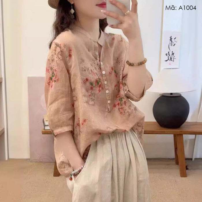 Áo sơ mi linen ngắn tay in hoa - A1004
