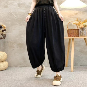 Quần baggy linen lưng thun ống bo chun đính nhiều khuy - NU10363