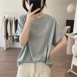 Áo T-shirt ngắn tay gấp cao cổ tròn đơn sắc - NU10496