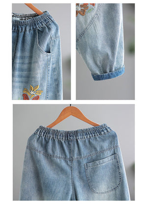 Quần baggy denim lưng thun thêu hoa lá hai túi kiểu - NU8877