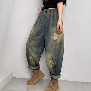 Quần baggy denim lưng thun chắp vá thêu đan - Q054