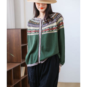 Áo khoác cardigan len đan dài tay cổ tròn hoa văn retro - NU9321