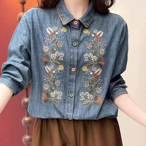 Áo sơ mi denim dài tay thêu hoa lá đối xứng - A048