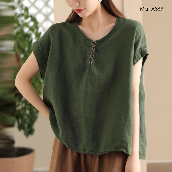 Áo sơ mi linen sát nách cổ tròn retro - A868