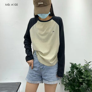 Áo T-shirt dài tay lệch màu cổ tròn thêu M  - A104