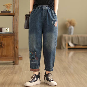 Quần baggy denim lưng thun ống côn thêu hoa trừu tượng - NU10349