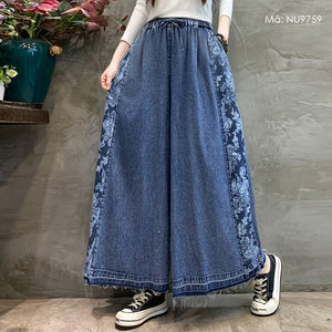 Quần baggy denim lưng thun ống rộng in hoa lá hai bên - NU9759