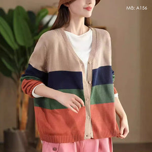 Áo khoác len cardigan dài tay cổ V sọc mảng màu - A155