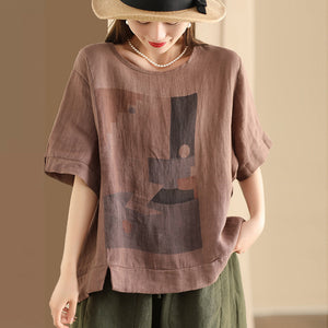 Áo T-shirt linen ngắn tay cổ tròn in hình học - NU10262