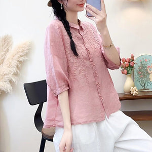 Áo sơ mi linen ngắn tay cổ đức thêu hoa lá khuy đôi - NU10462