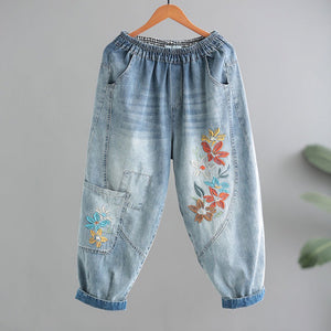 Quần baggy denim lưng thun thêu hoa lá hai túi kiểu - NU8877