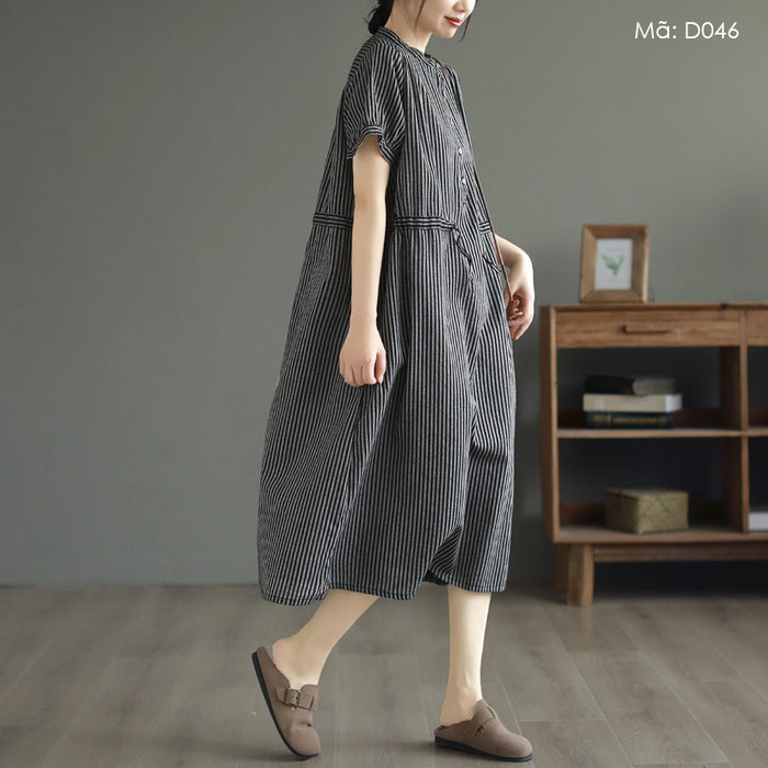 Đầm liền linen ngắn tay cổ V kẻ sọc eo kiểu thắt dây - D045