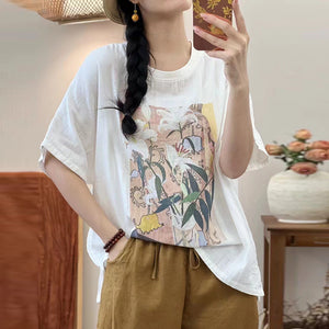 Áo T-shirt linen ngắn tay cổ tròn in hoa bách hợp - NU10216