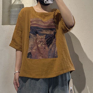 Áo T-shirt linen ngắn tay cổ tròn in chú mèo trong tranh - NU10365