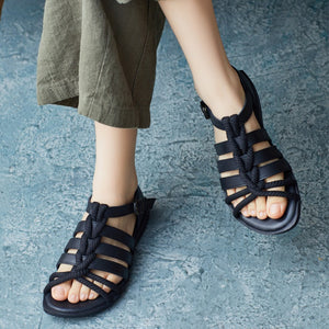 Dép da sandal retro đế thấp phối dây thừng - OD2322