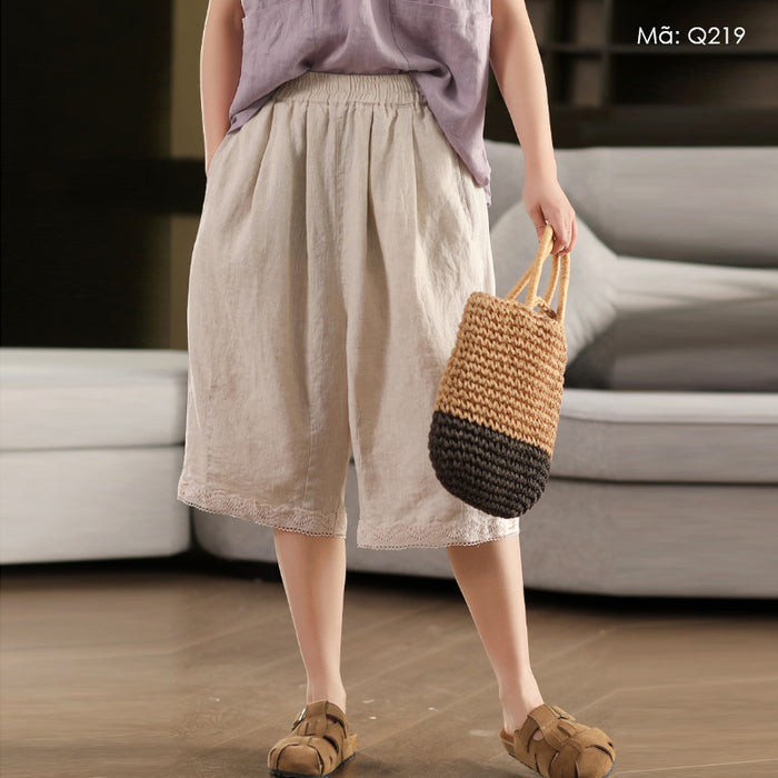 Quần sooc linen lưng thun túi chéo thêu ren - Q219