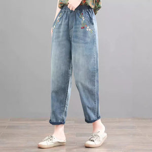 Quần baggy denim lưng thun thêu chùm dâu - Q034