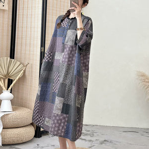 Đầm liền linen tay lửng cổ tròn hoa văn BOHO - NU10352