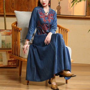 Đầm liền denim tay lửng cổ V khuy cài thêu hoa văn retro - NU9370