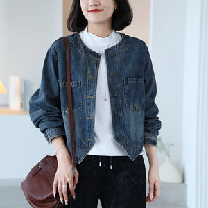 Áo khoác denim dài tay cổ tròn vạt chéo - A069