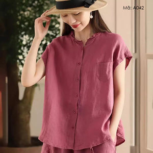 Áo sơ mi linen sát nách cổ tròn xếp ly một túi nhỏ - A041