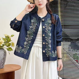 Áo sơ mi denim dài tay cổ tròn thêu hoa lá đối xứng - A650