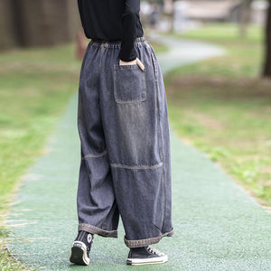 Quần baggy denim lưng thun ống rộng túi chéo vá mảng màu - Q025