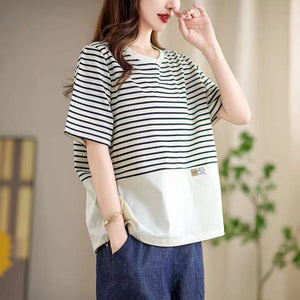 Áo T-shirt ngắn tay cổ tròn kẻ sọc dây rút - NU10493