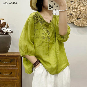 Áo sơ mi linen ngắn tay thêu hoa - A1413