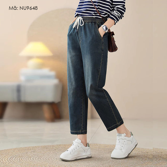 Quần baggy denim lưng thun dây rút ống đứng hai túi chéo - NU9648