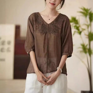 Áo sơ mi linen ngắn tay cổ V bo ren thêu hoa lá - NU10484