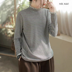 Áo T-shirt len dệt kim dài tay cổ lọ đính ren kẻ sọc - A660