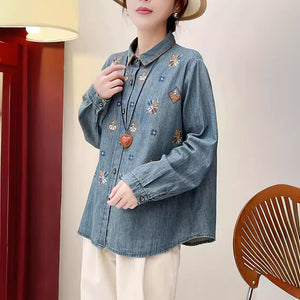 Áo sơ mi denim dài tay cổ đức thêu retro - A049