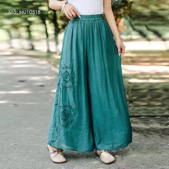 Quần baggy linen lưng cao thun thêu hoa văn tròn retro - NU10517