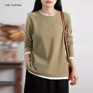 Áo T-shirt nỉ dài tay cổ tròn phối màu đơn sắc - NU9343