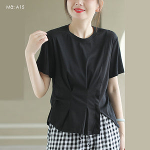 Áo T-shirt ngắn tay cổ tròn eo bo xếp ly - A014