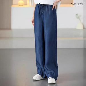 Quần baggy denim lưng thun dây rút ống đứng khuy cài - Q021