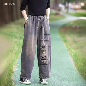 Quần baggy denim lưng thun dây rút ống rộng kiểu rách - Q026