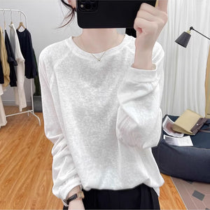 Áo T-shirt dài tay bo cổ tròn tròn đơn sắc - NU9108