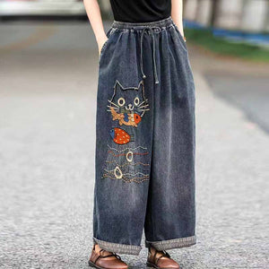 Quần baggy denim lưng thun thêu chú mèo và cá - Q091