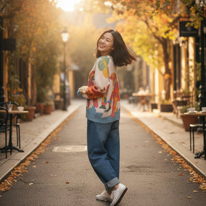 Áo khoác len cardigan dài tay cổ tròn in chú ngựa - A528