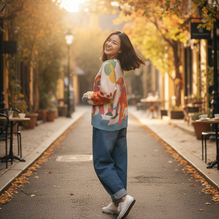 Áo khoác len cardigan dài tay cổ tròn in chú ngựa - A528