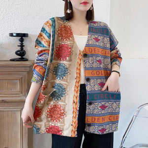 Áo khoác len cashmere dài tay cổ V in hoa văn đỗi xứng - A442