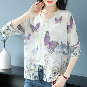 Áo len cardigan dài tay cổ tròn in những chú bướm - A513