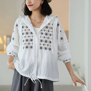 Áo khoác cardigan dài tay có mũ thêu hoa văn retro - A154