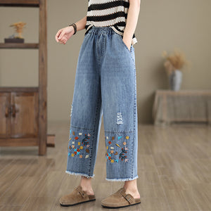 Quần baggy denim lửng lưng thun thêu hoa văn retro - Q012