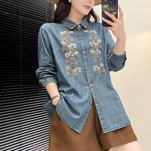 Áo sơ mi denim dài tay thêu hoa lá đối xứng - A048