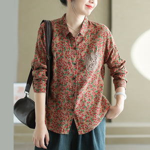 Áo sơ mi linen dài tay cổ đức in hoa lá túi thêu - A598